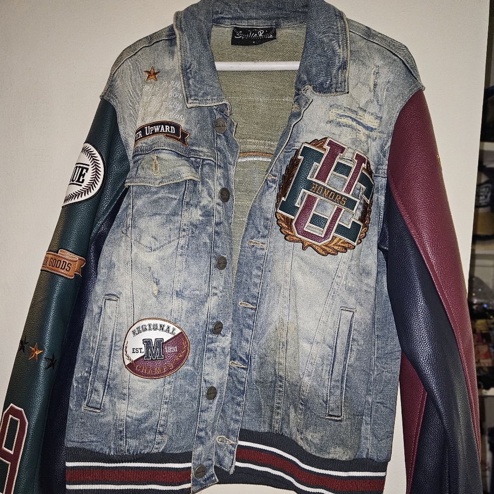 Smoke Rise Men's Blue Denim Jacket Faux Leather Arms